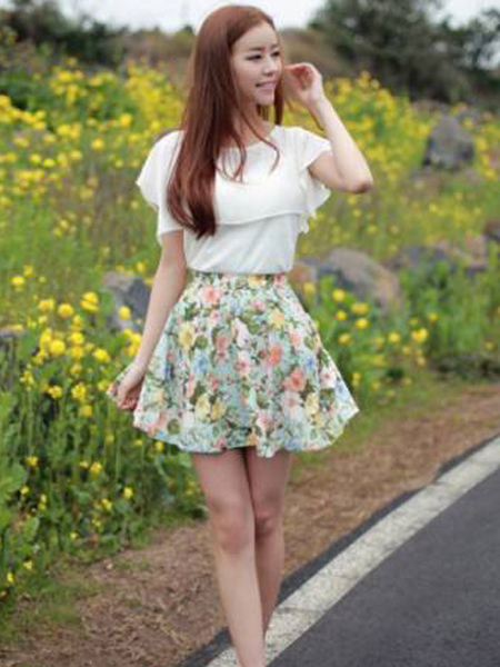 Wholesale Ruffle Pleat Floral Chiffon Skirt