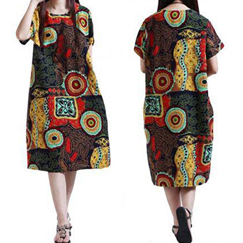 Plus Size Print Linen Ethnic Loose Dress