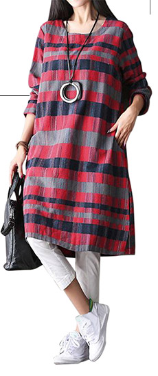 O-NEWE L-5XL Fashion Colorful Plaid O-Neck Loose Dress