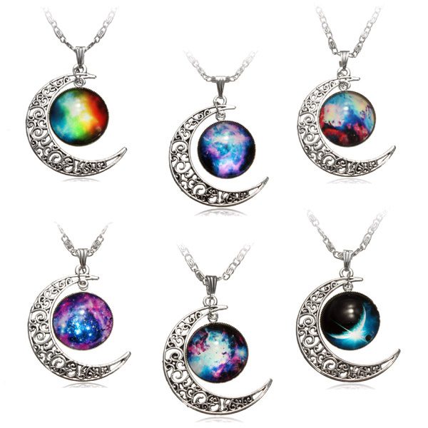 $1.6 For Galaxy Moon Universe Glass Cabochon Crescent Pendant Chain Necklace by HongKong BangGood network Ltd.