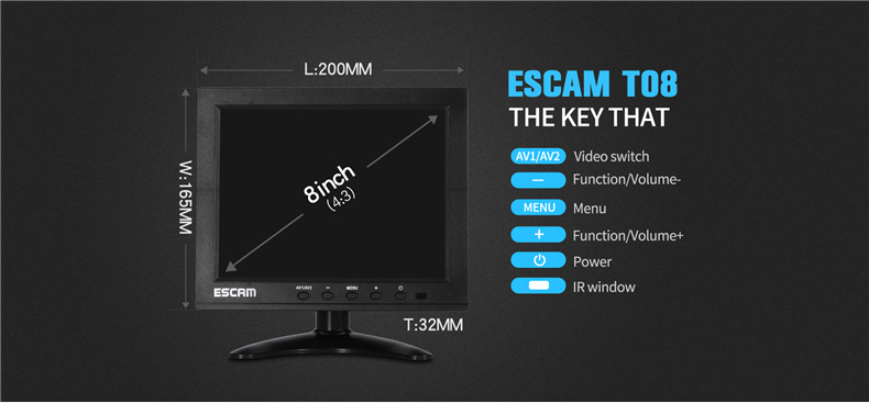 ESCAM T08 8 inch TFT LCD 1024x768 Monitor with VGA HDMI AV BNC USB for PC CCTV Security Camera 44