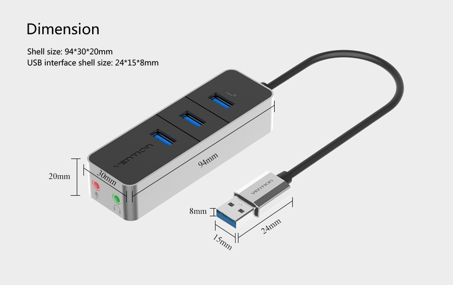 Vention VAS-J46 High Speed 3-Port USB 3.0 Audio External Sound Card Hub 15
