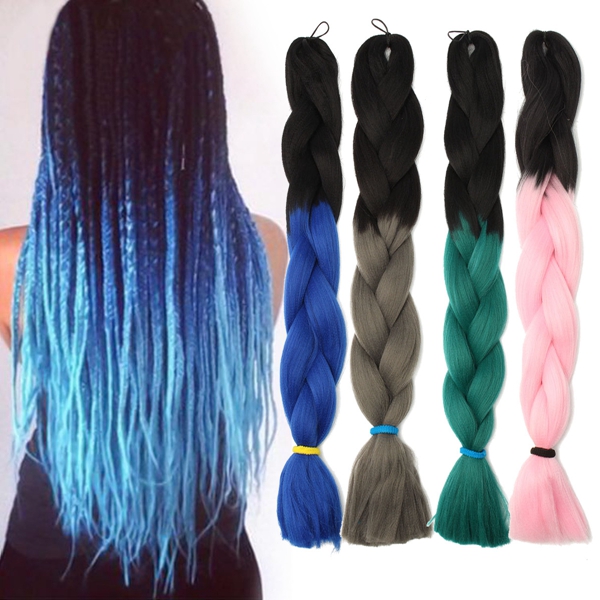 

24" Colorful Ombre Braid Hair Extensions Ponytails Synthetic Wigs Braiding Pigtail