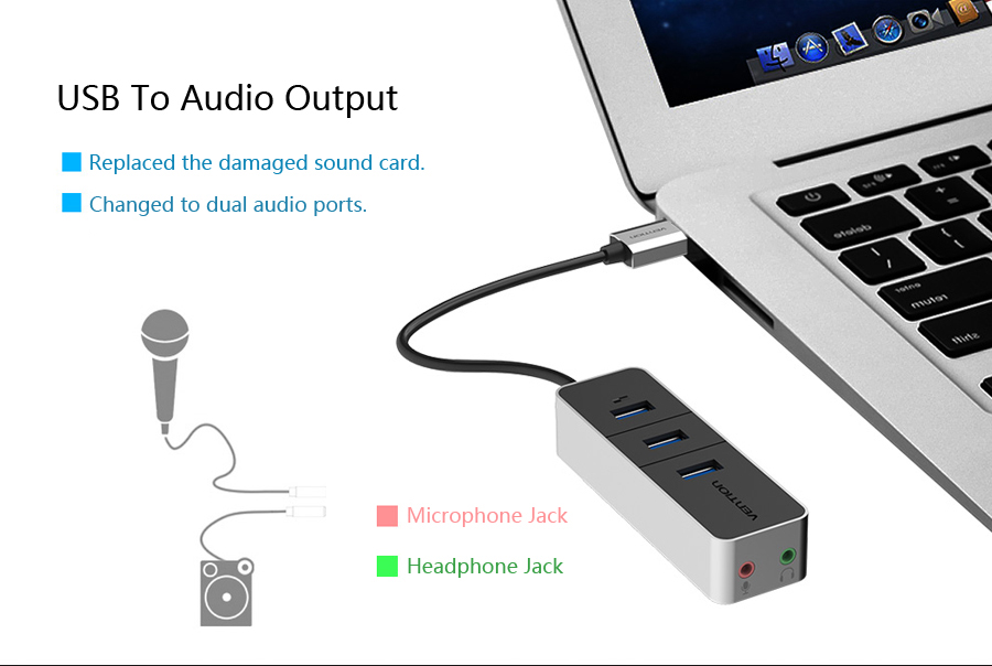 Vention VAS-J46 High Speed 3-Port USB 3.0 Audio External Sound Card Hub 10