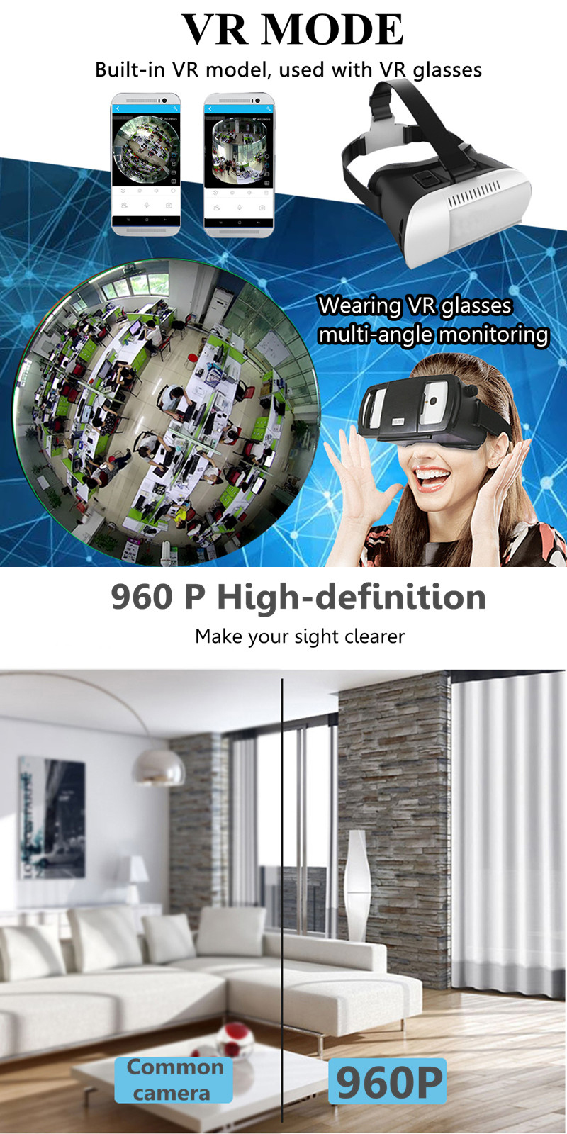 VR 360° 3D Panoramic 960P Fisheye IP Camera Wifi 1.3MP Home Security Surveillance Two Way Talk Audio 46
