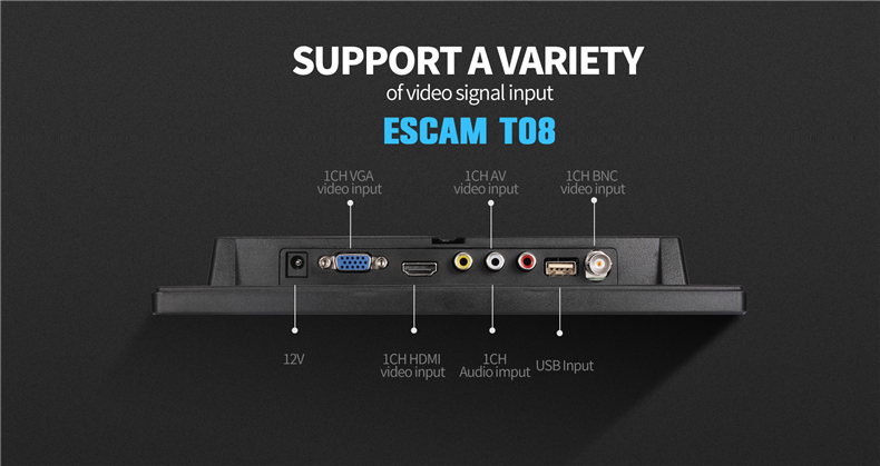 ESCAM T08 8 inch TFT LCD 1024x768 Monitor with VGA HDMI AV BNC USB for PC CCTV Security Camera 12