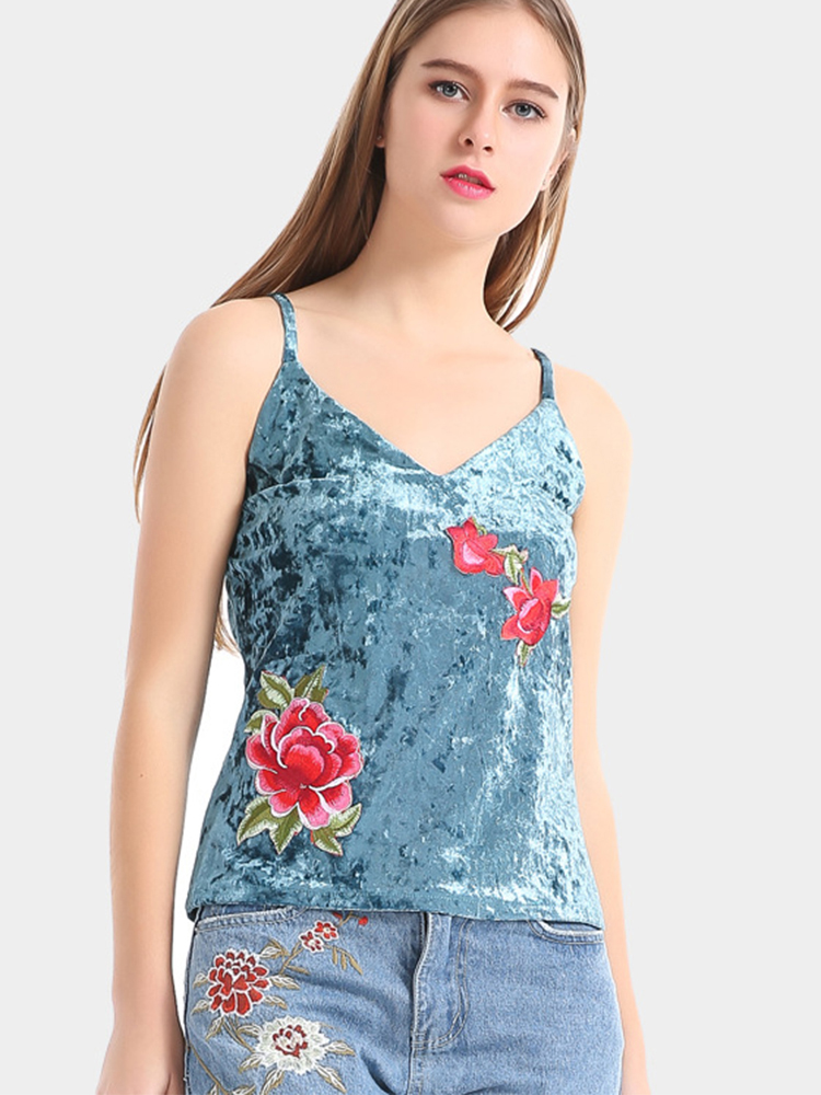 Blue Sexy Velvet Flower Embroidered V-Neck Spaghetti Strap Women Tank Tops
