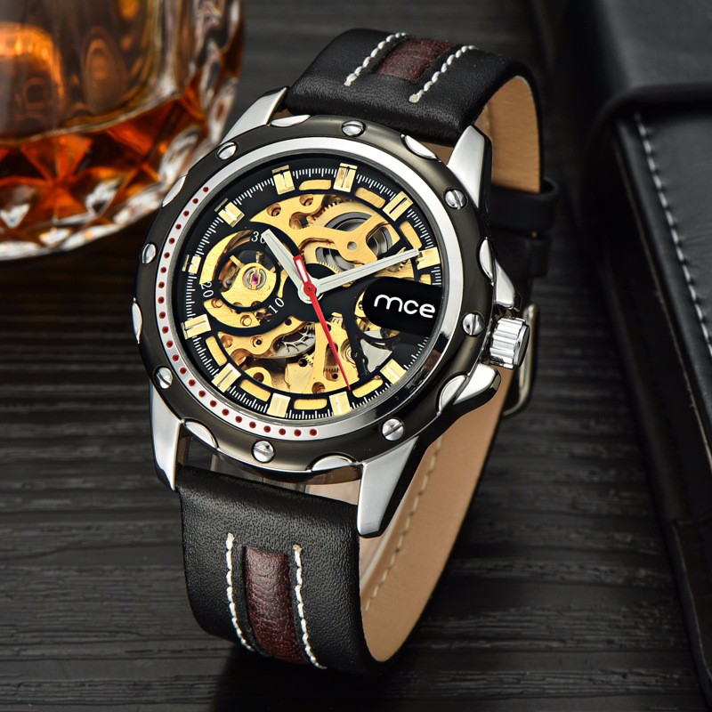 MCE 60208 Skeleton Black Genuine Leather Automatic Mechanical Watch