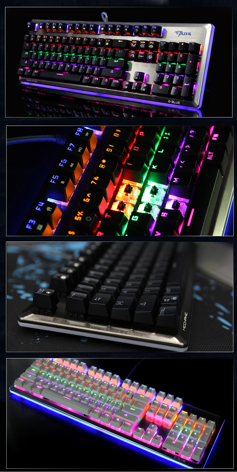 E Blue K727 104 Keys NKRO USB Wired Mixed Backlit Mechanical Gaming Keyboard Blue Black Switch 13