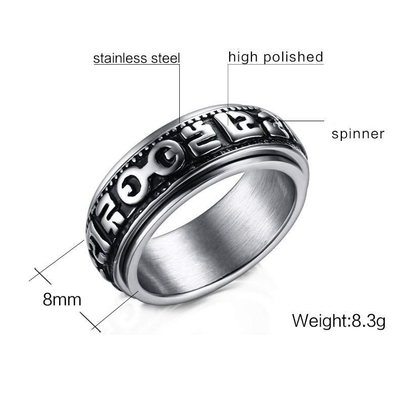 Stainless Steel Rotatable Mantra Men Ring Retro Gothic Finger Ring Unique Jewelry