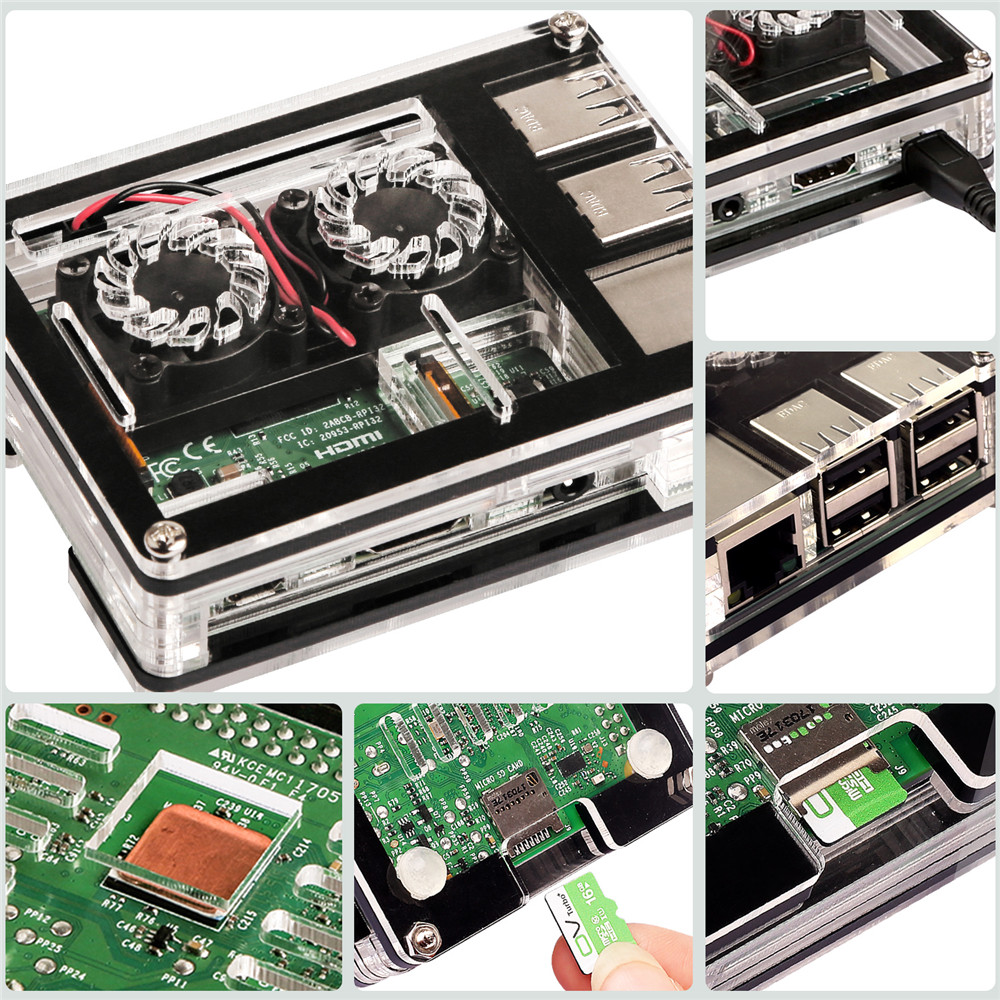 3-in-1 9 Layers Acrylic Case + Dual Fan + Copper Heatsink Kit For Raspberry Pi 3 Model B 10