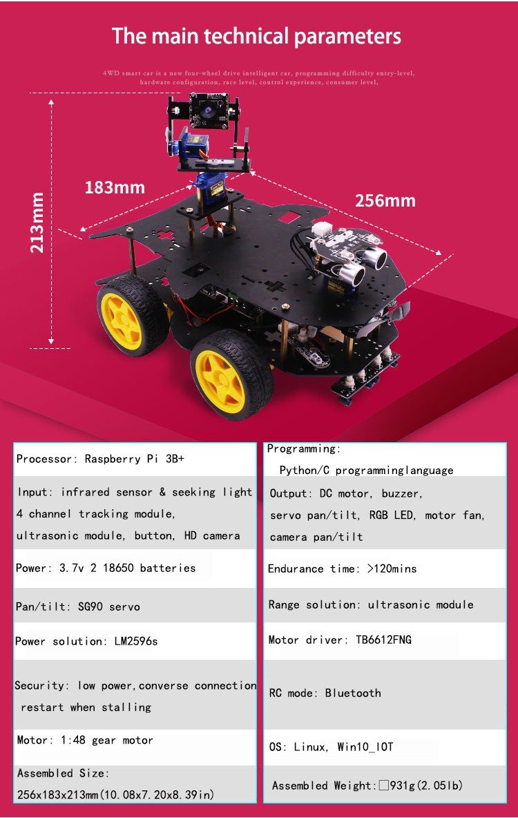 4WD Wireless WIFI Video Robot Car Kit for Raspberry Pi 3B/3B+ Support Programming/Bluetooth 4.0+Wifi/Remote Control with 2DOF Camera Pan/Tilt & 4P 69