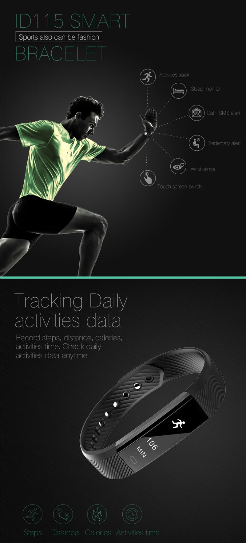 ID115 Фитнес Tracker Умный браслет Счетчик шагов Activity Monitor для Android Wristband IOS
