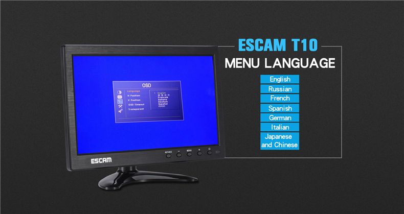 ESCAM T10 10 inch TFT LCD 1024x600 Monitor with VGA HDMI AV BNC USB for PC CCTV Security Camera 24