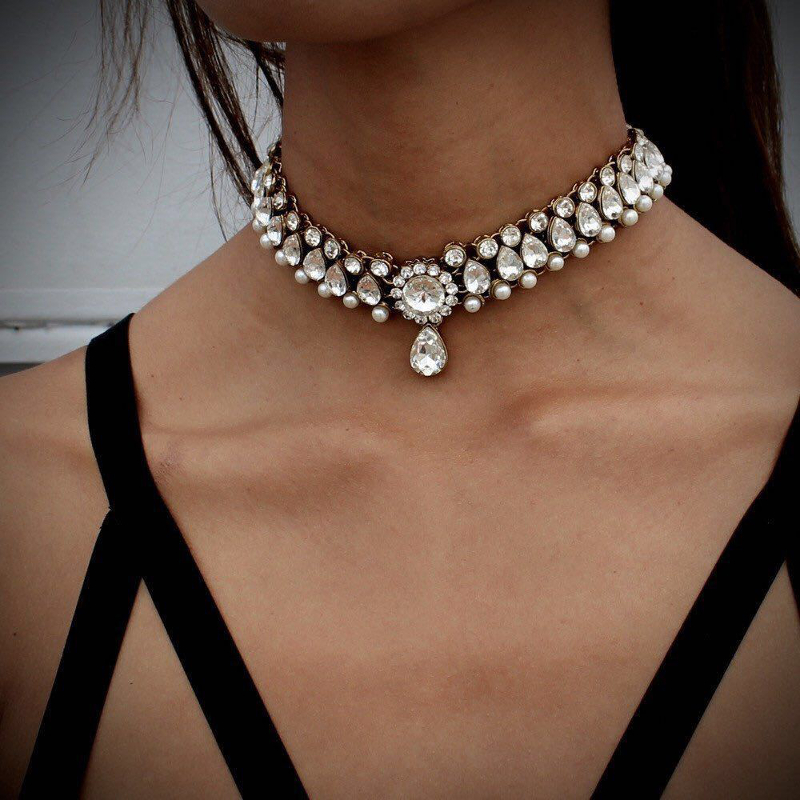 Trendy Crystal Drop Artificial Pearl Choker Women Necklace