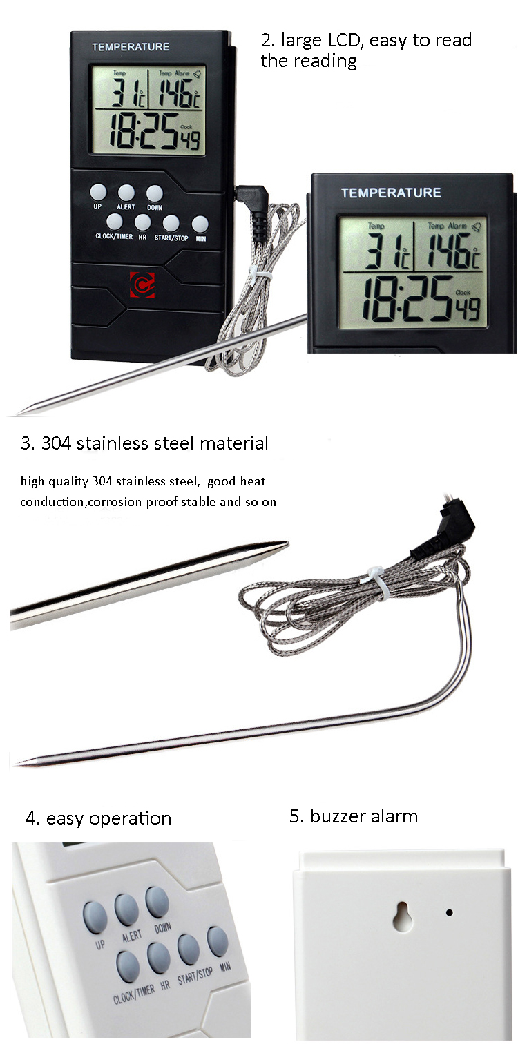 Stainless Steel BBQ Thermometer Probe Timer Barbecue Baking Food Timer Thermometer Temperature