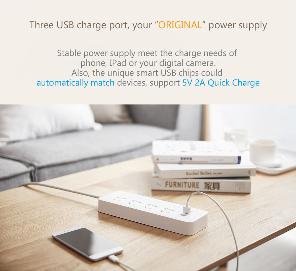 Original Xiaomi Mijia Four Digit Individual Control Power Strip Socket with 3 x USB Quick Charge 8