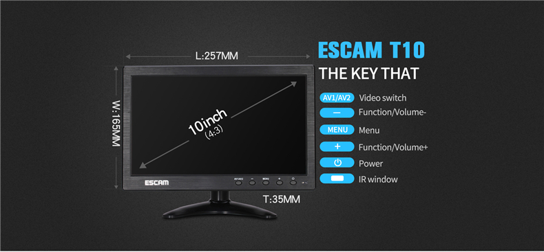 ESCAM T10 10 inch TFT LCD 1024x600 Monitor with VGA HDMI AV BNC USB for PC CCTV Security Camera 26