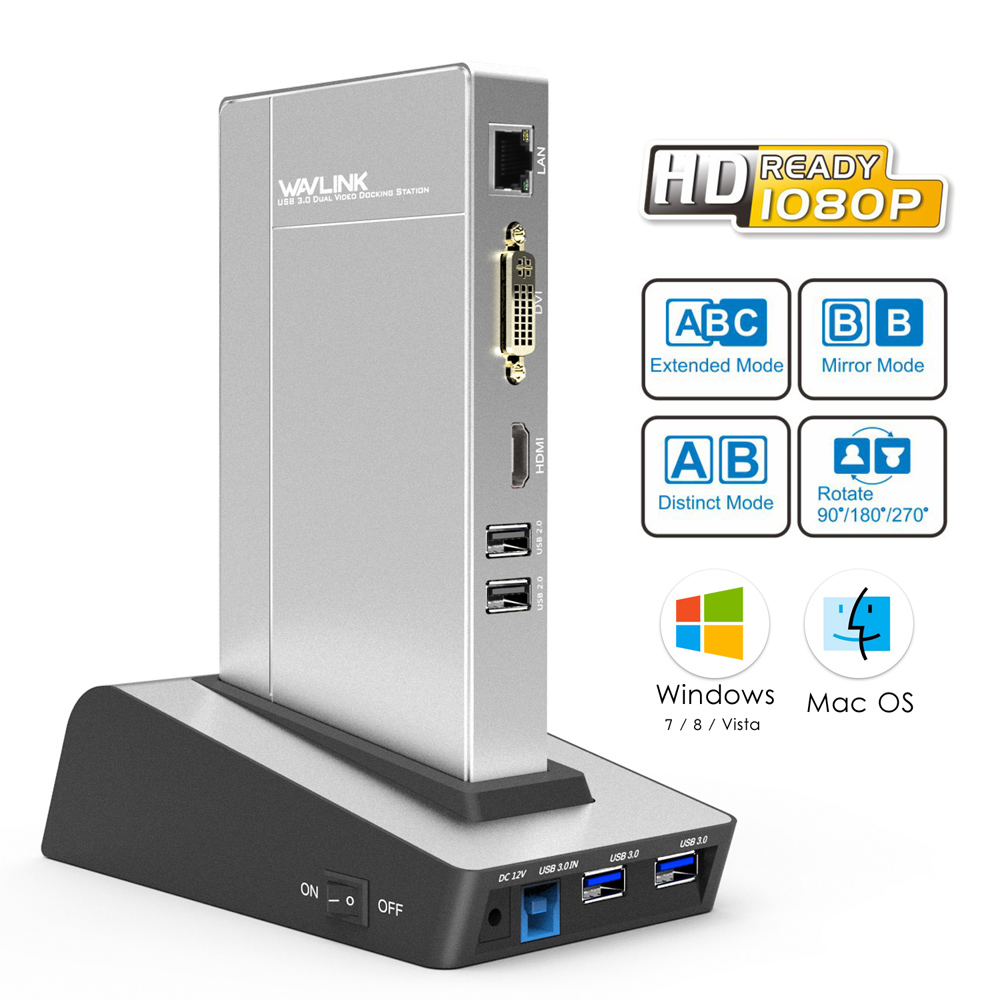 Wavlink USB3.0 Universal Aluminum Coupling Docking Station HDD SSD Box Base Dual Video Monitor HDMI 6