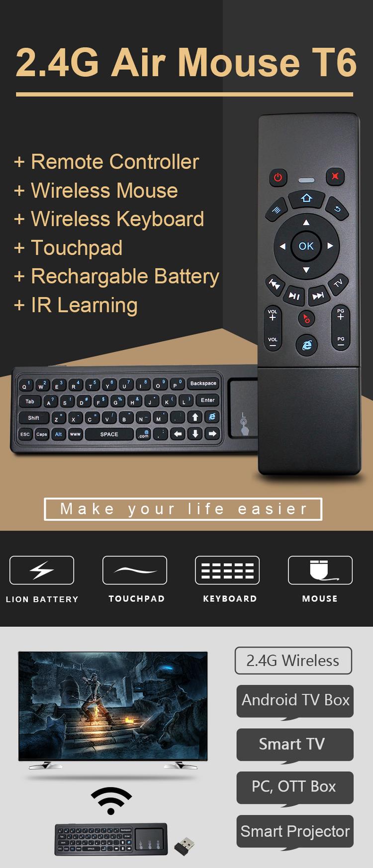 T6 2.4G Wireless Air Mouse Keyboard With Touchpad IR Learning For Android TV Box/Xbox/PC/Smart TV 13