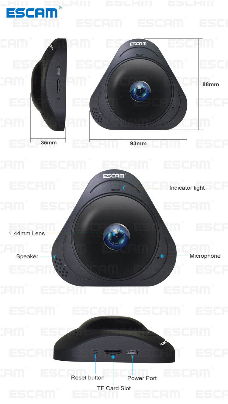 ESCAM Q8 960P 1.3MP 360 Degree VR Fisheye WiFi IR Infrared IP Camera Two Way Audio Motion Detector 15