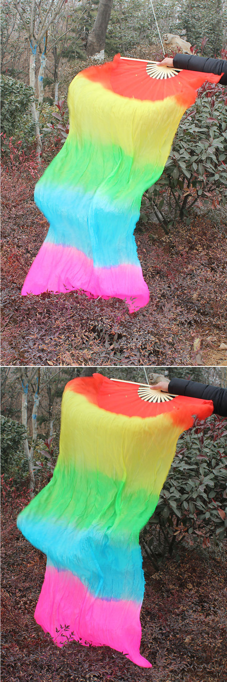 1.8M 5 colors Belly Dance Fan Bamboo Long Silk Fans Dance Performance Supplies