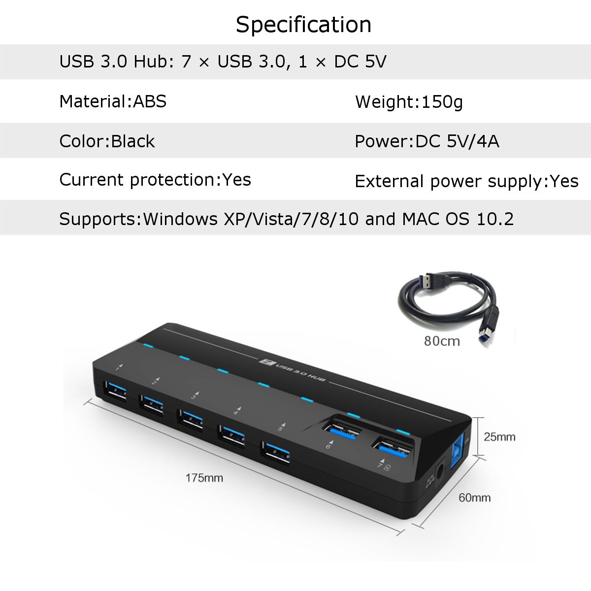 High Speed USB 3.0 7 Ports Hub with 1.5A Quick Charge Port 13