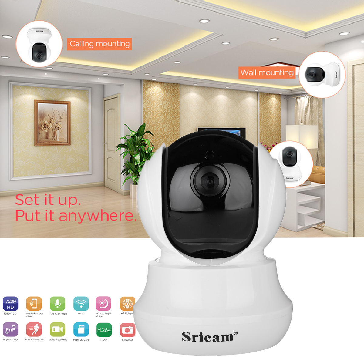 Sricam SP020 Wireless 720P IP Camera Pan&Tilt Home Security PTZ IR Night Vision WiFi Webcam 85