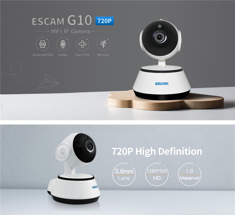 ESCAM G10 720P IP Wireless Camera Support Motion Detection H.264 Pan/Tilt Support 64G TF Card IR Cam 37