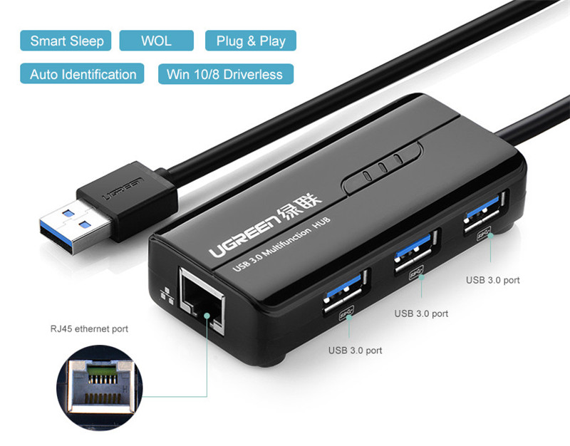 Ugreen CR102 USB3.0 to RJ45 100Mbps Ethernet 3 USB 3.0 Port Hub Network Card LAN Adapter for Laptop 94