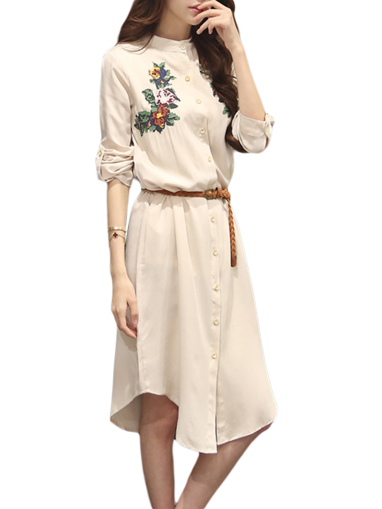 Belt Vintage Flower Embroidery Linen Stand Collar Button Women Dress