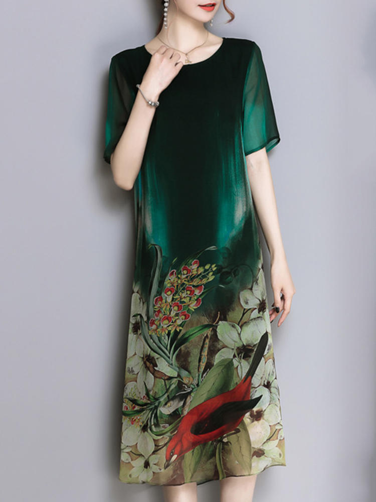 Elegant Floral Print Short Sleeve Loose Split Hem Dresses
