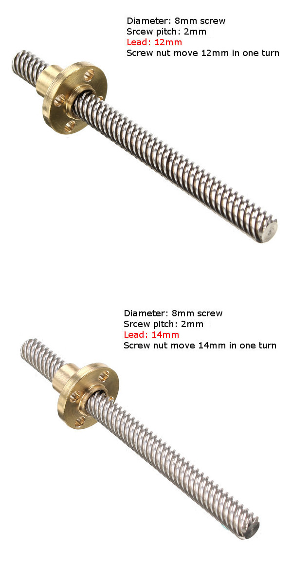 3D Printer T8 1/2/4/8/12/14mm 300mm Lead Screw 8mm Thread With Copper Nut For Stepper Motor 36