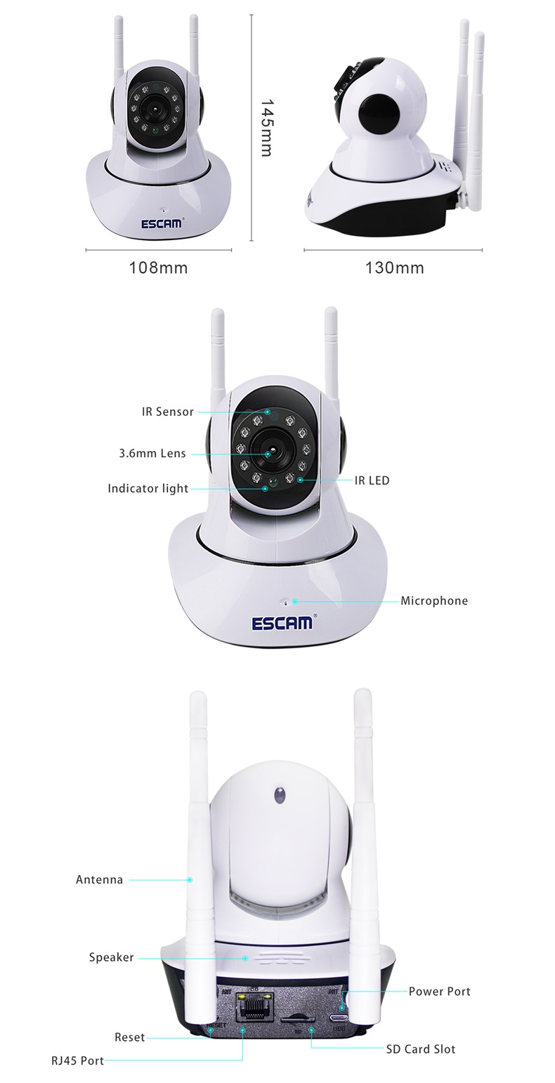 ESCAM G02 Dual Antenna 720P Pan/Tilt WiFi IP IR Camera Support ONVIF Max Up to 128GB Video Monitor 64