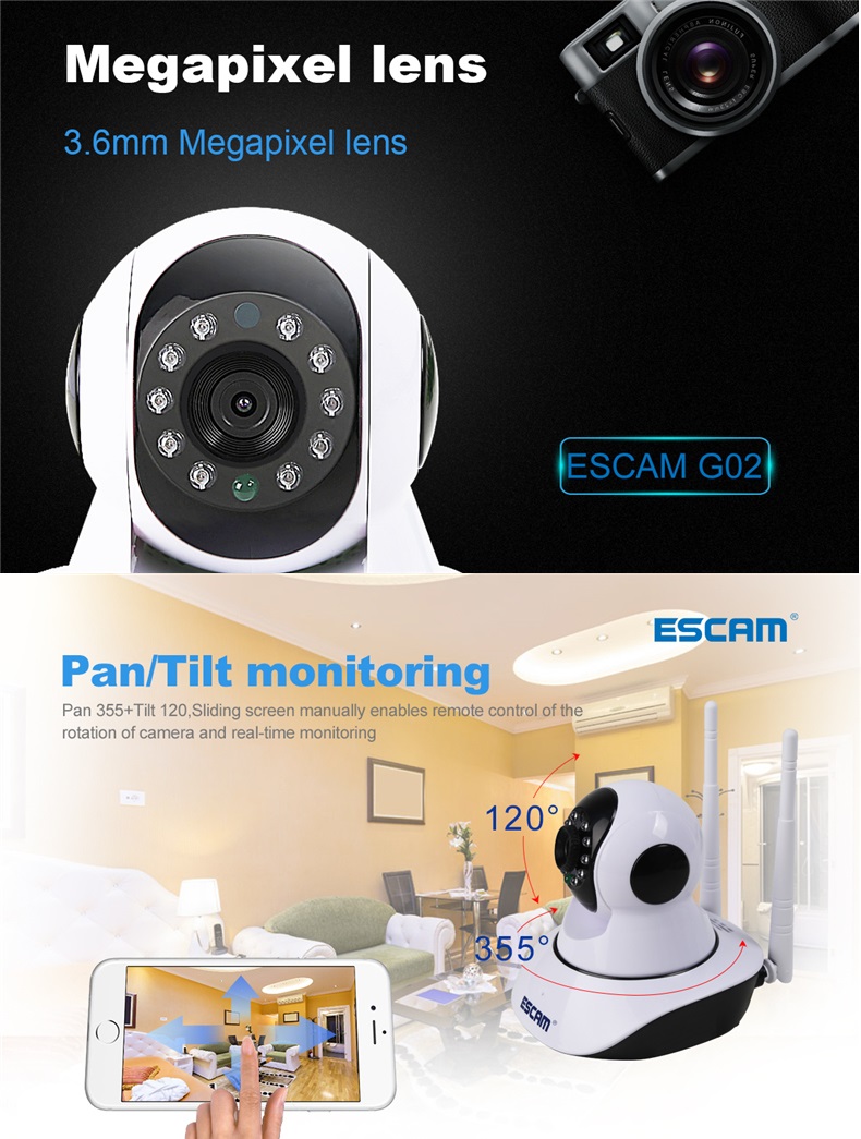 ESCAM G02 Dual Antenna 720P Pan/Tilt WiFi IP IR Camera Support ONVIF Max Up to 128GB Video Monitor 66