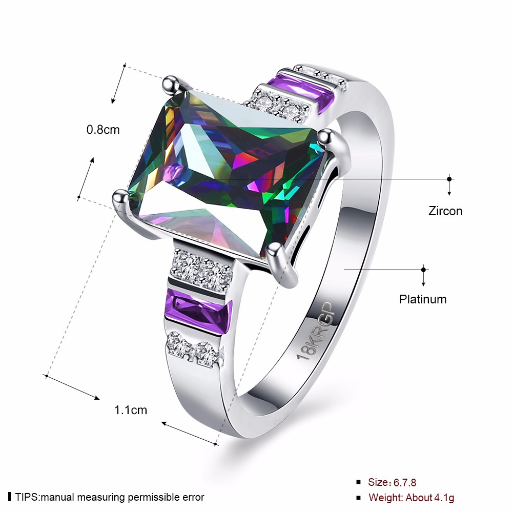 INALIS Square Rainbow Zircon Crystal Platinum Women Rings