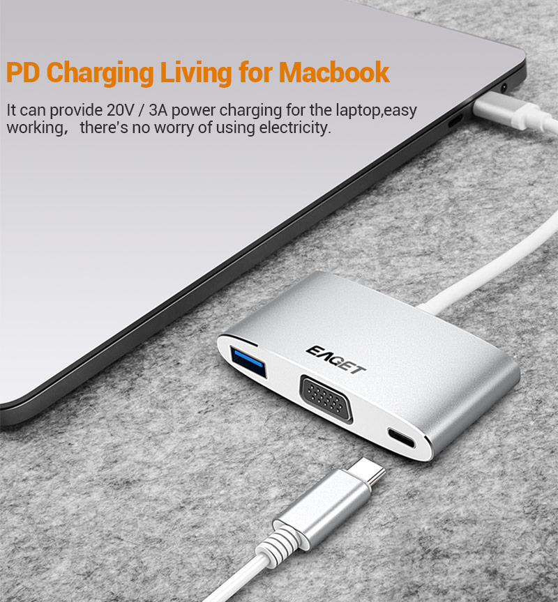 EAGET CH12 Multi-function Type-C to USB 3.0 VGA and Type-C Charging Hub USB Docking Station 16