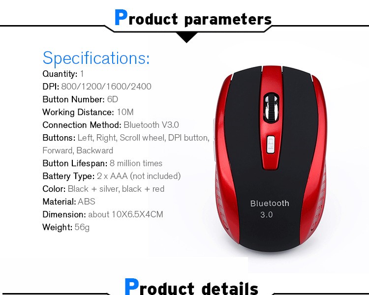 2400DPI Adjustable 6 Buttons Wireless Bluetooth 3.0 Smart Gaming Mouse for Laptop 46