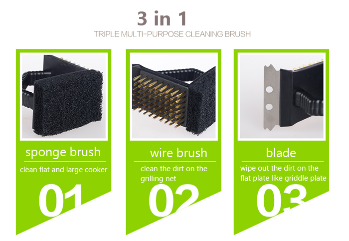 3 In 1 Barbecue Grill Cleaning Brush Cleaner BBQ Sponge Wire Brush