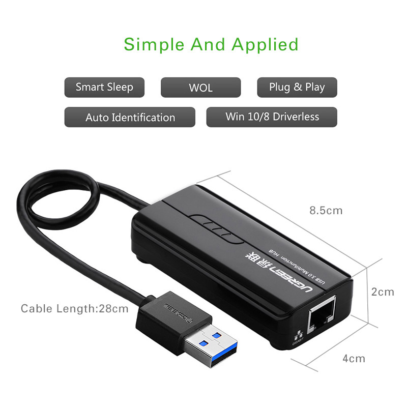Ugreen CR102 USB3.0 to RJ45 100Mbps Ethernet 3 USB 3.0 Port Hub Network Card LAN Adapter for Laptop 100