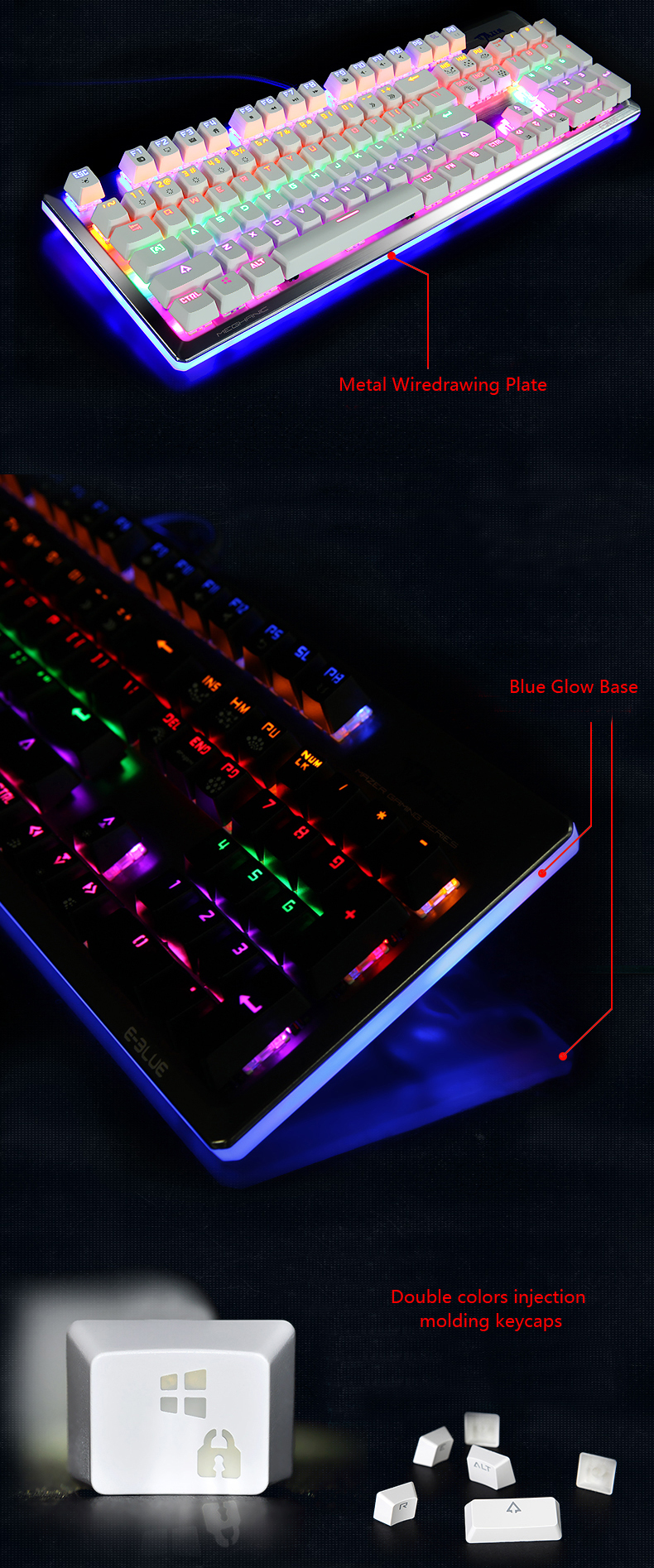 E Blue K727 104 Keys NKRO USB Wired Mixed Backlit Mechanical Gaming Keyboard Blue Black Switch 12