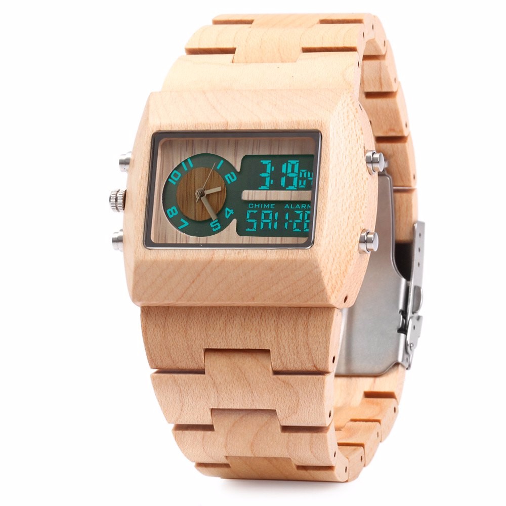 BEWELL Lunimous Date Alarm Wooden Watch