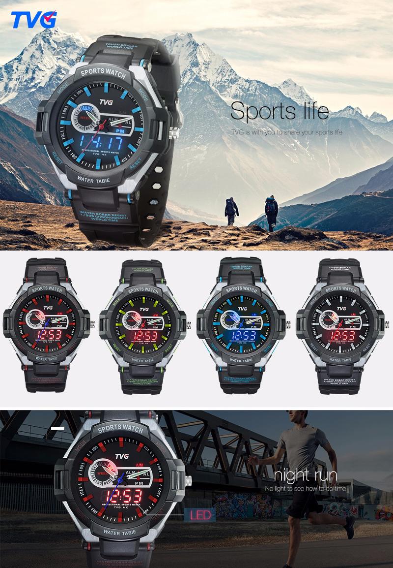 ТВГ 801 Мужская мода цифровые часы Двойной дисплей каучуковый ремешок Спортивные часы 