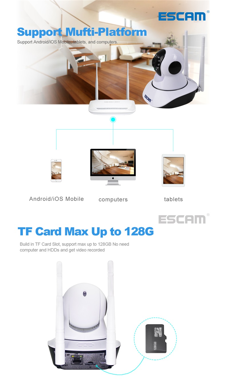 ESCAM G02 Dual Antenna 720P Pan/Tilt WiFi IP IR Camera Support ONVIF Max Up to 128GB Video Monitor 11
