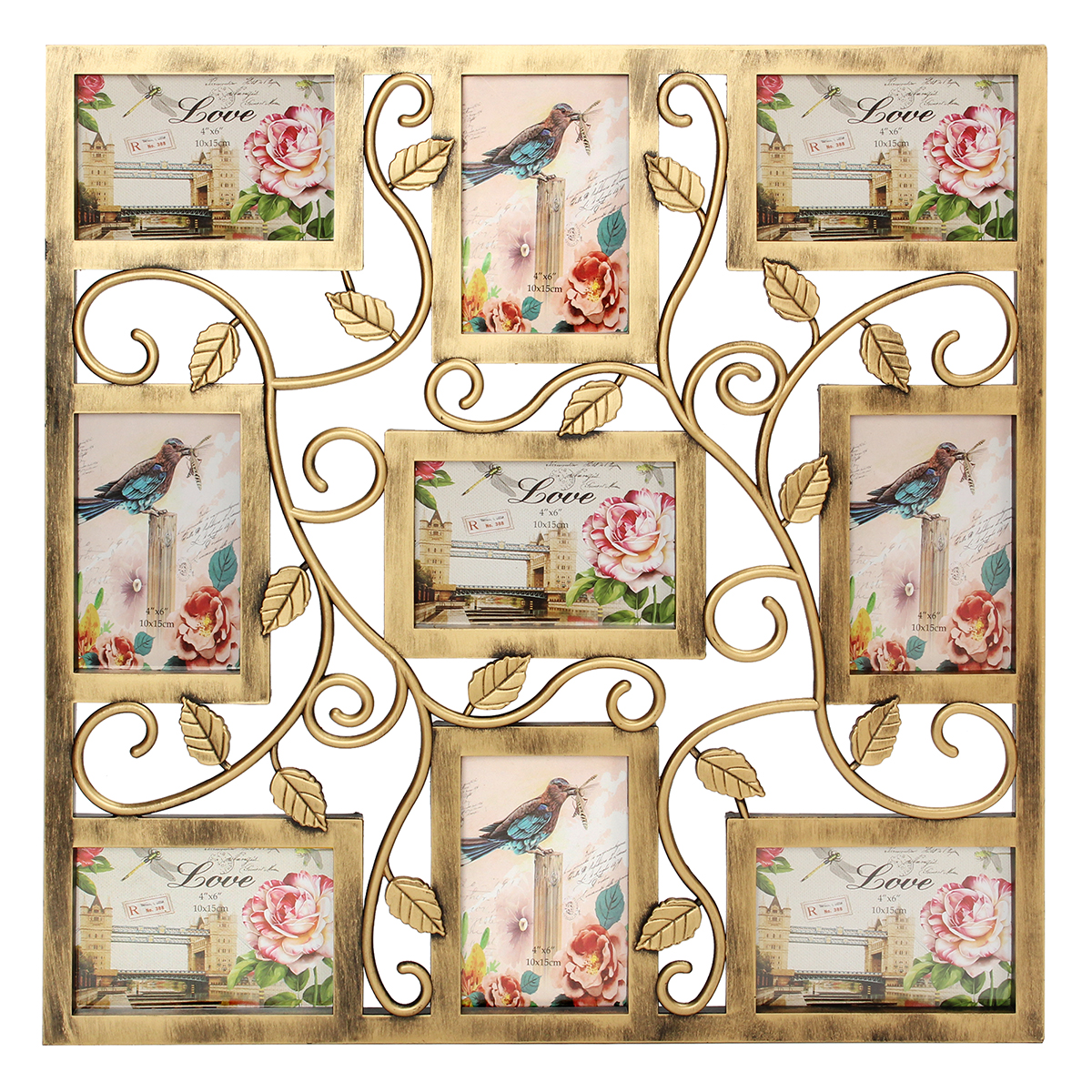 Bronze Floral Wall Hanging Collage Photo Frames Picture Display Decor Gift 6X4