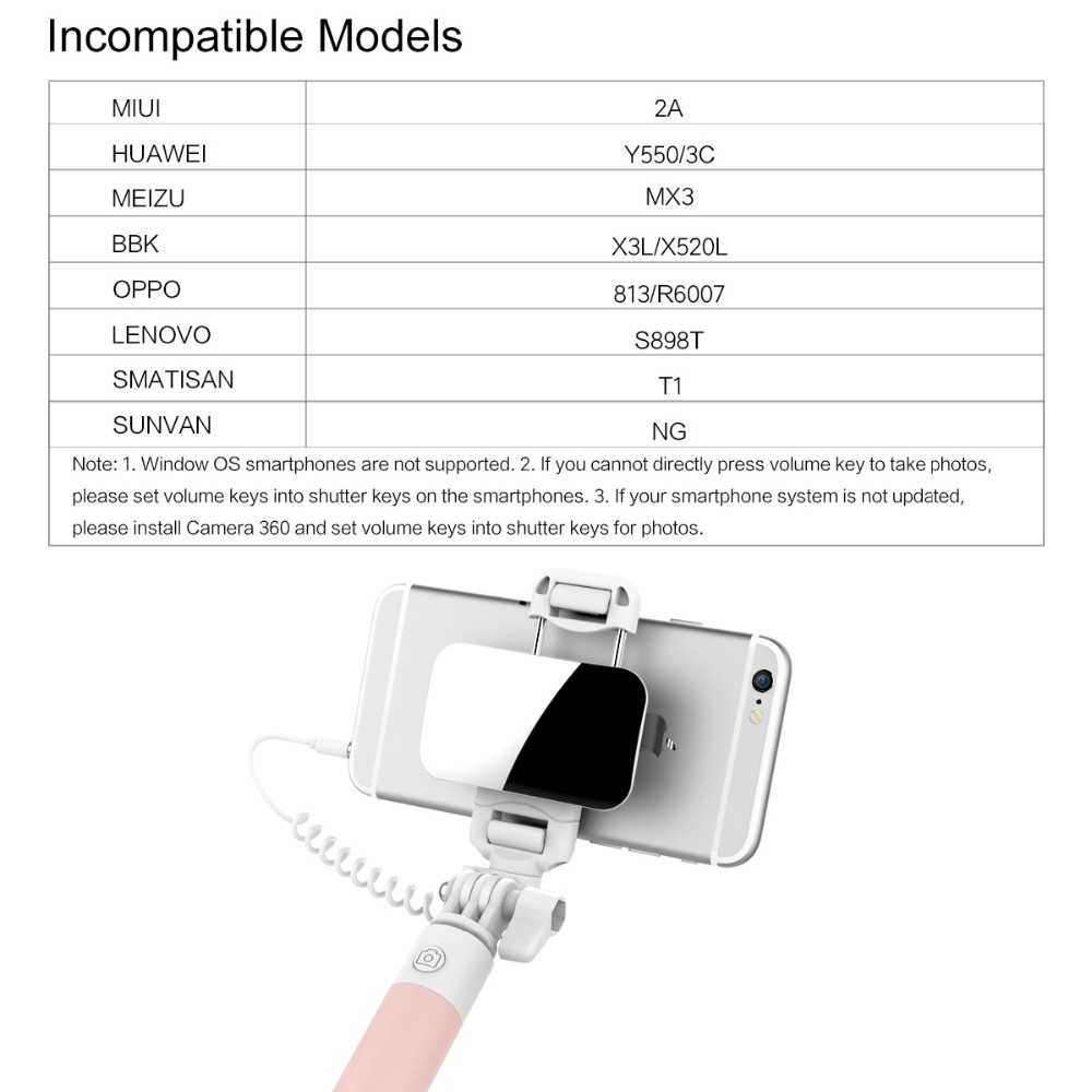 ROCK Universal Mini Mirror Selfie Stick Wire Control 3.5mm for iPhone Samsung Xiaomi