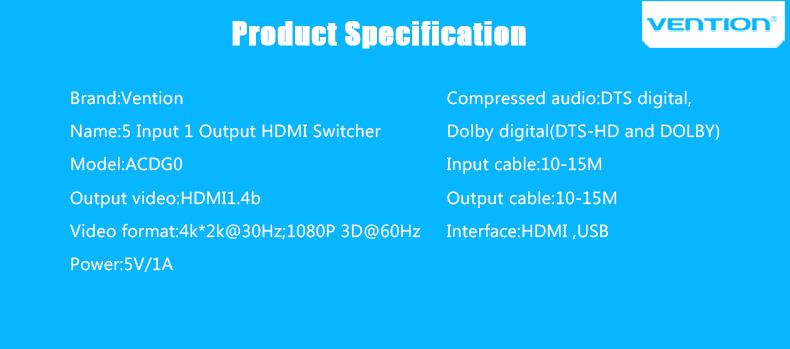 HDMI Splitter Switch 5 input 1 output HDMI Switcher 5X1 For XBOX 360 PS4/3 Smart Android HDTV 4K*2K 1