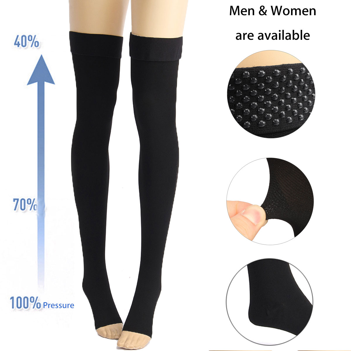 

Black Anti Skip Compression Thigh Stocking Prevent Varicose Vein Socks Pain Relief Open Toe