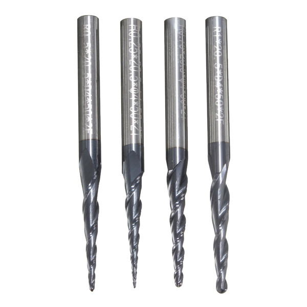 4pcs R0.25/R0.5/R0.75/R1.0mm 2 Flute Carbide Tapered End Mill Ball Nose Cutting Tool