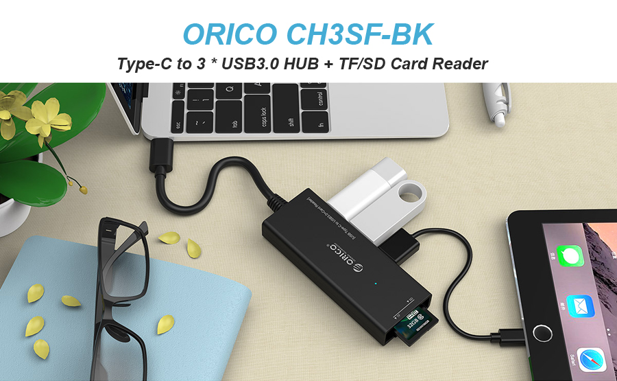 ORICO CH3SF-BK High Speed Type-C to 3 USB 3.0 Ports Hub SD TF Card Reader 5